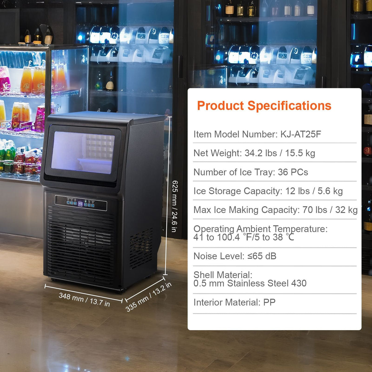 Commercial Ice Maker Machine, 70lbs/24H Ice Maker Machine with 12lbs Storage Capacity, 36 Ice Cubes in 15 Minutes, LED Digital Display Freestanding Self-Cleaning for Bar Office Restaurant