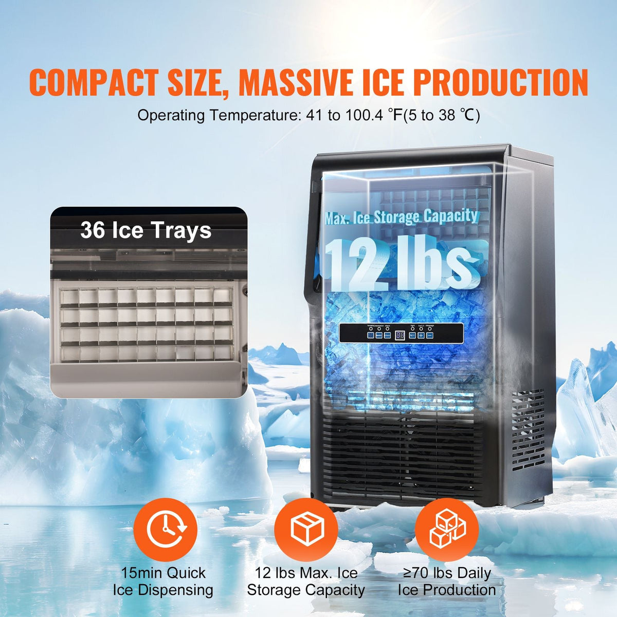 Commercial Ice Maker Machine, 70lbs/24H Ice Maker Machine with 12lbs Storage Capacity, 36 Ice Cubes in 15 Minutes, LED Digital Display Freestanding Self-Cleaning for Bar Office Restaurant