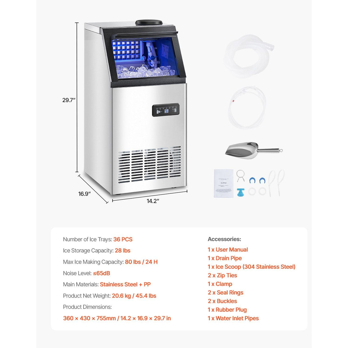 Commercial Ice Maker Machine, 80lbs/24H Ice Maker Machine with 28lbs Storage Capacity, 36 Ice Cubes in 15 Minutes, LED Digital Display Freestanding Self-Cleaning for Bar Office Restaurant