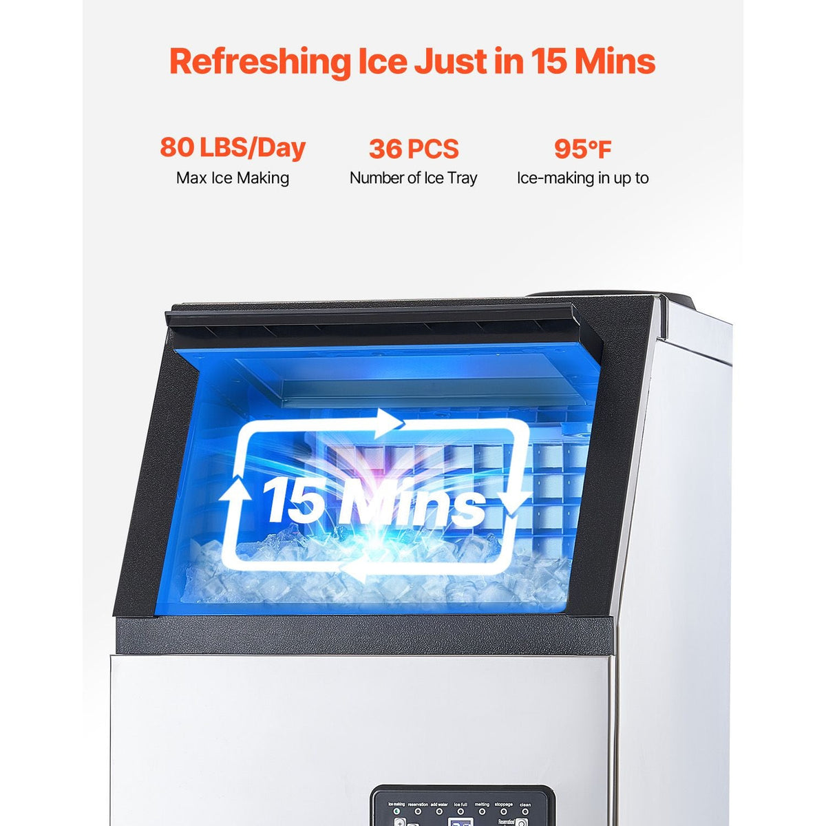Commercial Ice Maker Machine, 80lbs/24H Ice Maker Machine with 28lbs Storage Capacity, 36 Ice Cubes in 15 Minutes, LED Digital Display Freestanding Self-Cleaning for Bar Office Restaurant