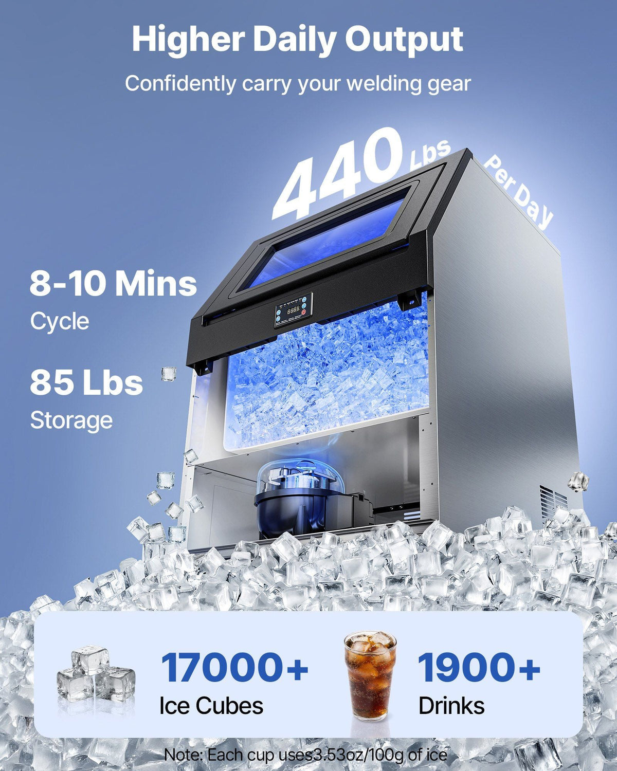 Commercial Ice Maker Machine with Pump, 440 lbs/24h with 85 lbs Storage Capacity, Built-in/Freestanding/Under Counter, Stainless Steel Ice Maker with LED Display & Self-Cleaning, for Home Bar