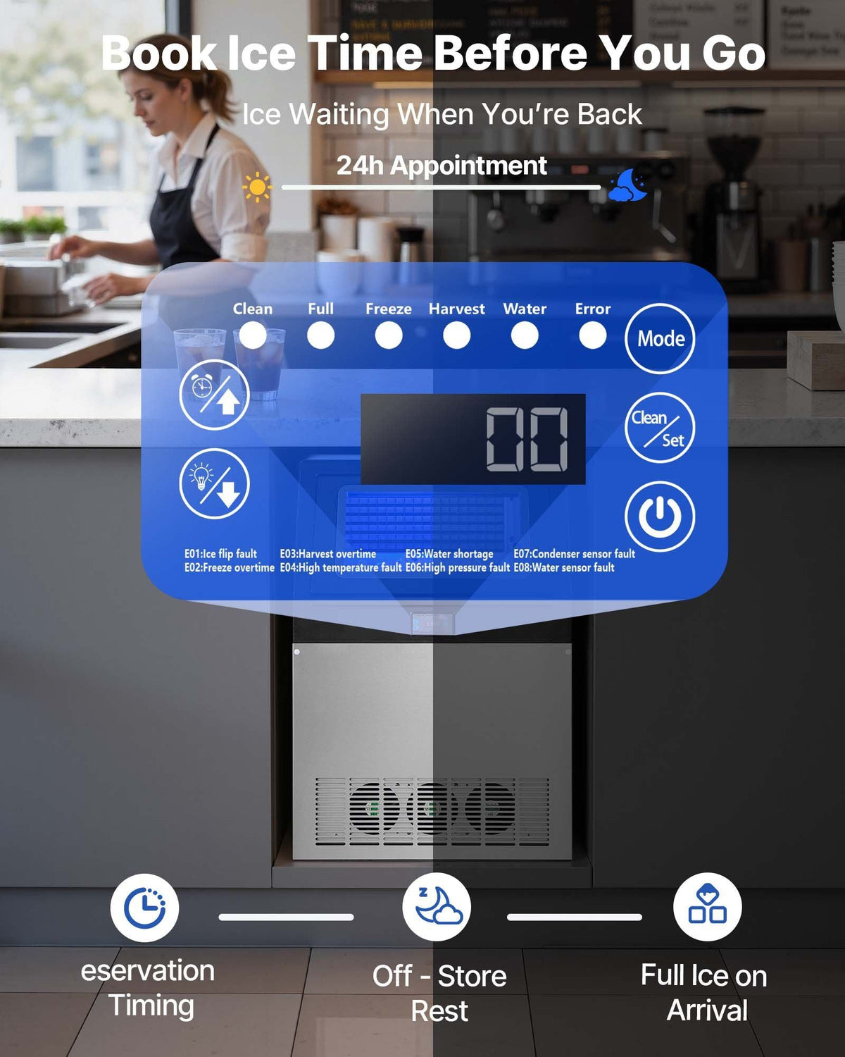 Commercial Ice Maker Machine with Pump, 440 lbs/24h with 85 lbs Storage Capacity, Built-in/Freestanding/Under Counter, Stainless Steel Ice Maker with LED Display & Self-Cleaning, for Home Bar
