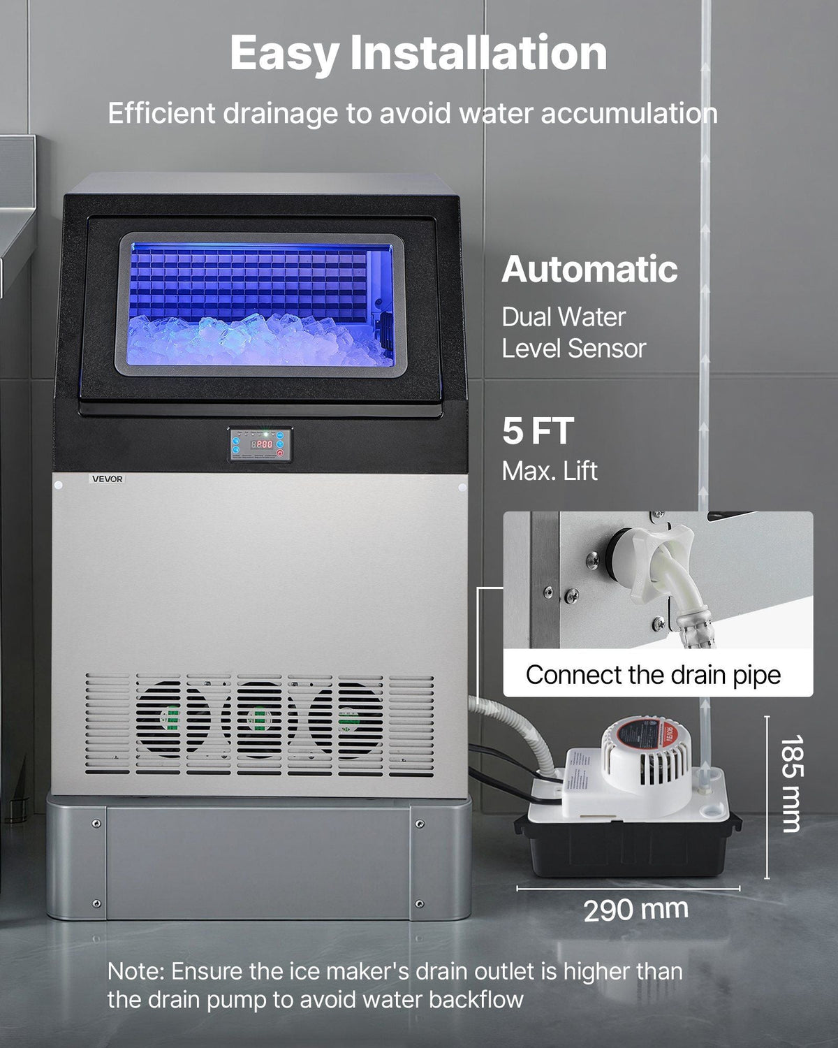 Commercial Ice Maker Machine with Pump, 440 lbs/24h with 85 lbs Storage Capacity, Built-in/Freestanding/Under Counter, Stainless Steel Ice Maker with LED Display & Self-Cleaning, for Home Bar