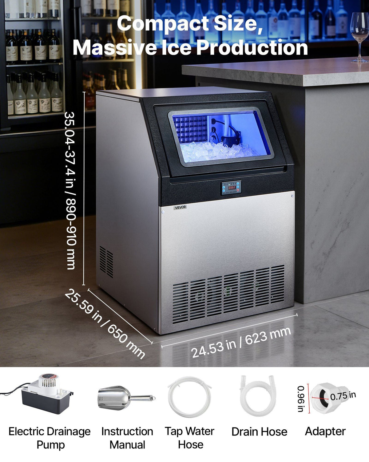 Commercial Ice Maker Machine with Pump, 440 lbs/24h with 85 lbs Storage Capacity, Built-in/Freestanding/Under Counter, Stainless Steel Ice Maker with LED Display & Self-Cleaning, for Home Bar
