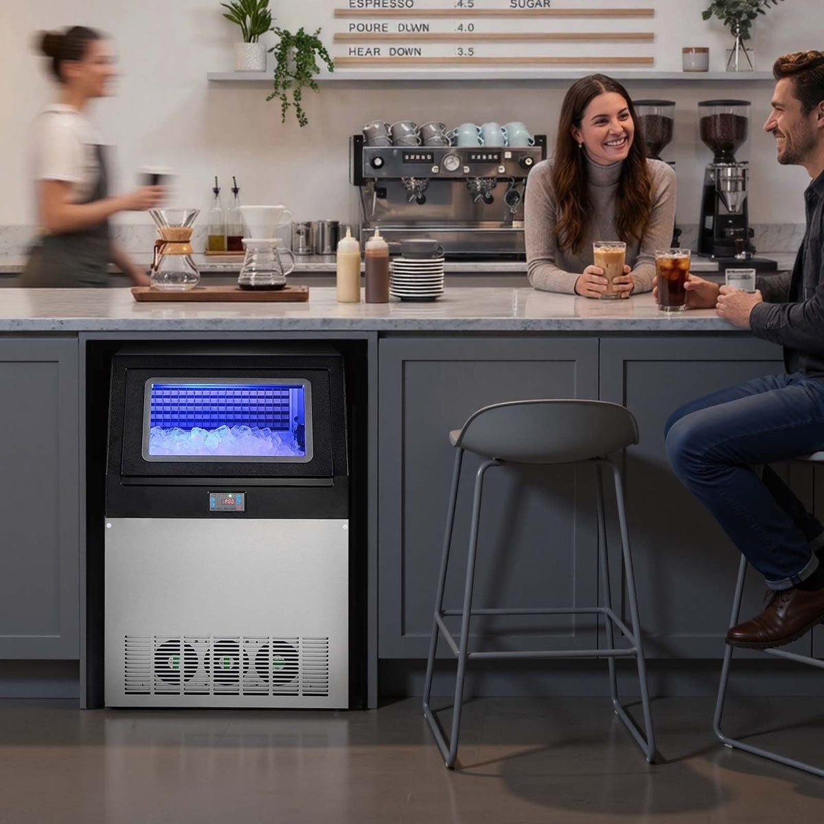 Commercial Ice Maker Machine with Pump, 440 lbs/24h with 85 lbs Storage Capacity, Built-in/Freestanding/Under Counter, Stainless Steel Ice Maker with LED Display & Self-Cleaning, for Home Bar