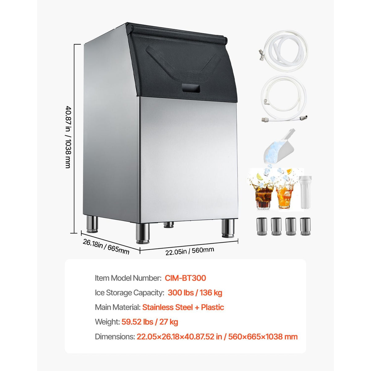 Commercial Ice Maker Storage Bin, 300 LBS Capacity Stainless Steel Ice-Bin, Commercial Ice Storage Bin with Adjustable Anti-slip Rubber Feet, Suitable for Restaurant, Hotel and Beverage Shops