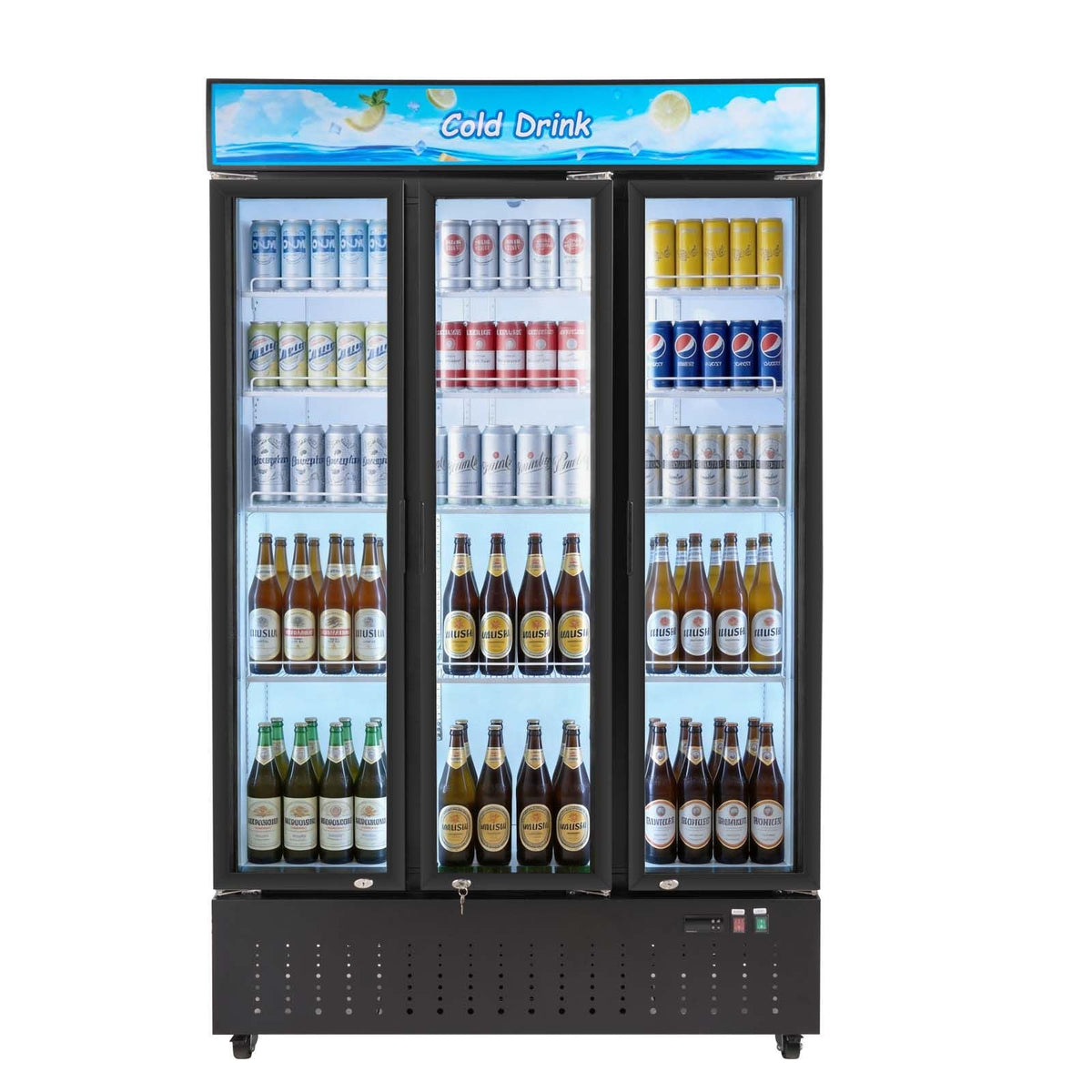 Commercial Merchandiser Refrigerator, 26.8 Cu.Ft / 760L Upright Beverage Cooler, 3 Glass Door Display Refrigerator with Customizable Lightbox, 12 Adjustable Shelves, Soft LED Lighting & Casters