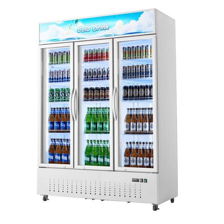 Commercial Merchandiser Refrigerator, 36.4 Cu.Ft / 1030L Upright Beverage Cooler, 3 Glass Door Display Refrigerator with Customizable Lightbox, 12 Adjustable Shelves, Soft LED Lighting & Casters
