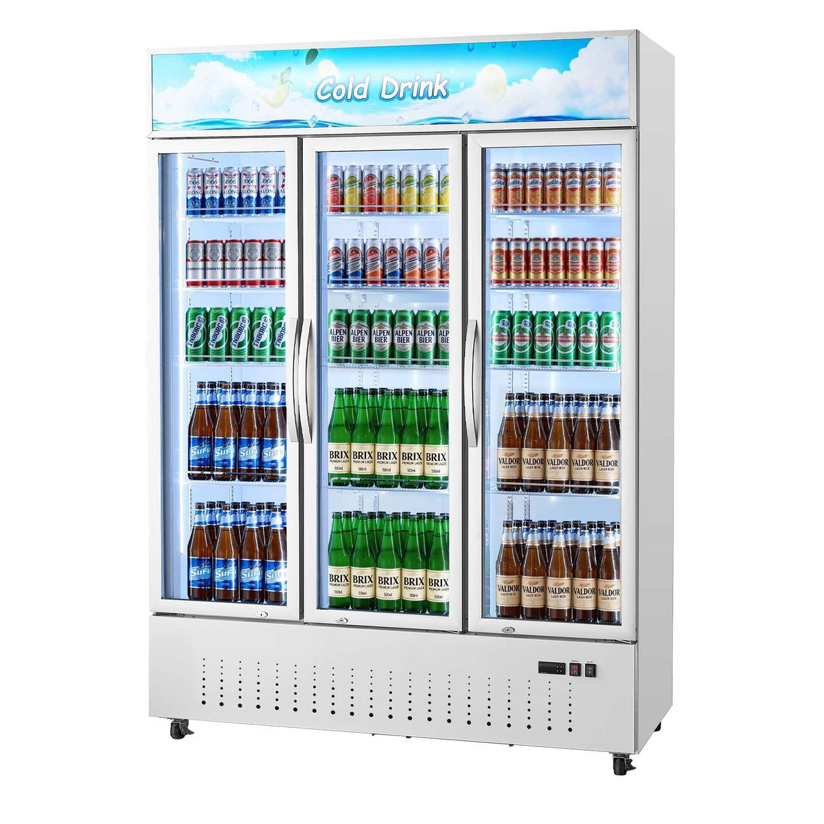 Commercial Merchandiser Refrigerator, 36.4 Cu.Ft / 1030L Upright Beverage Cooler, 3 Glass Door Display Refrigerator with Customizable Lightbox, 12 Adjustable Shelves, Soft LED Lighting & Casters