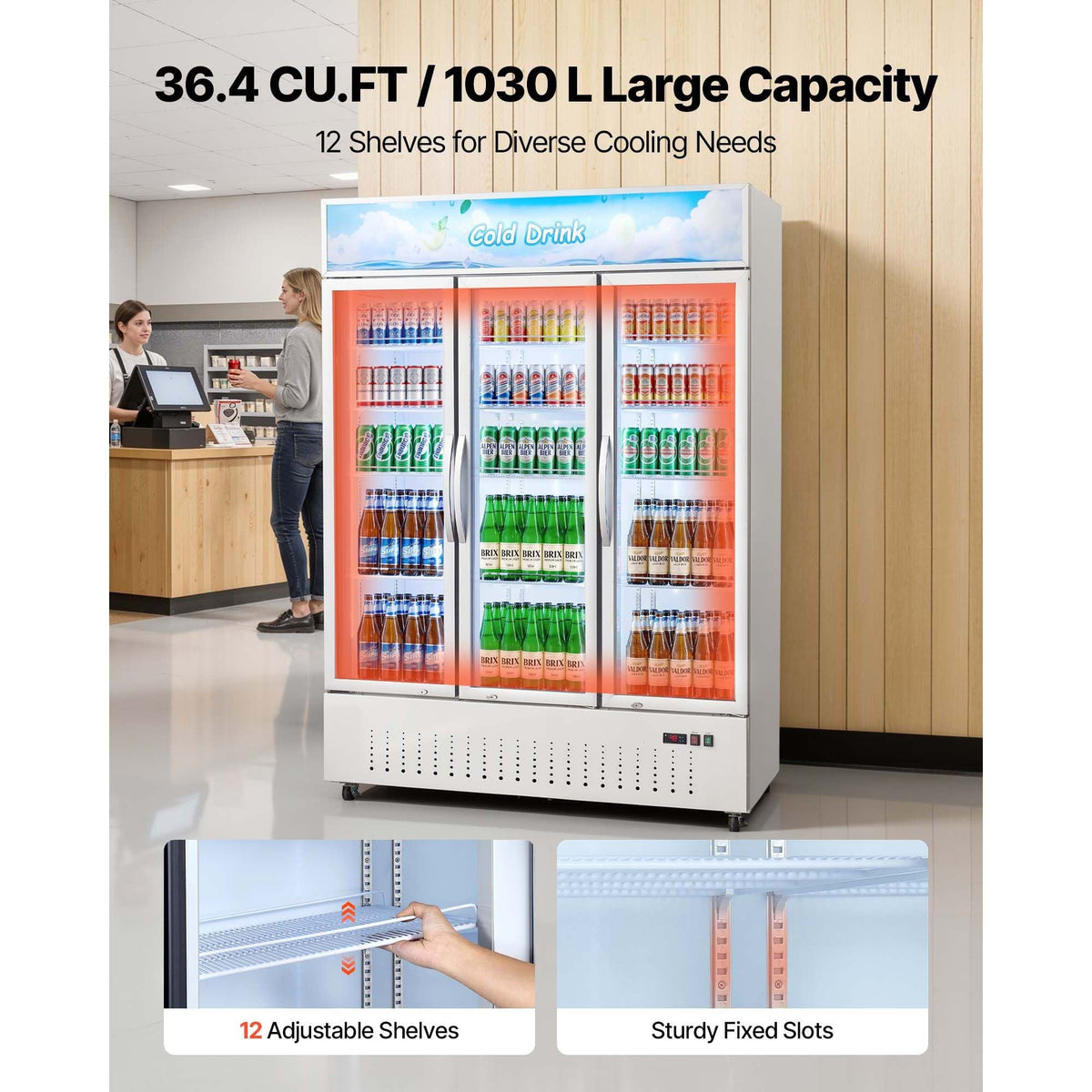 Commercial Merchandiser Refrigerator, 36.4 Cu.Ft / 1030L Upright Beverage Cooler, 3 Glass Door Display Refrigerator with Customizable Lightbox, 12 Adjustable Shelves, Soft LED Lighting & Casters