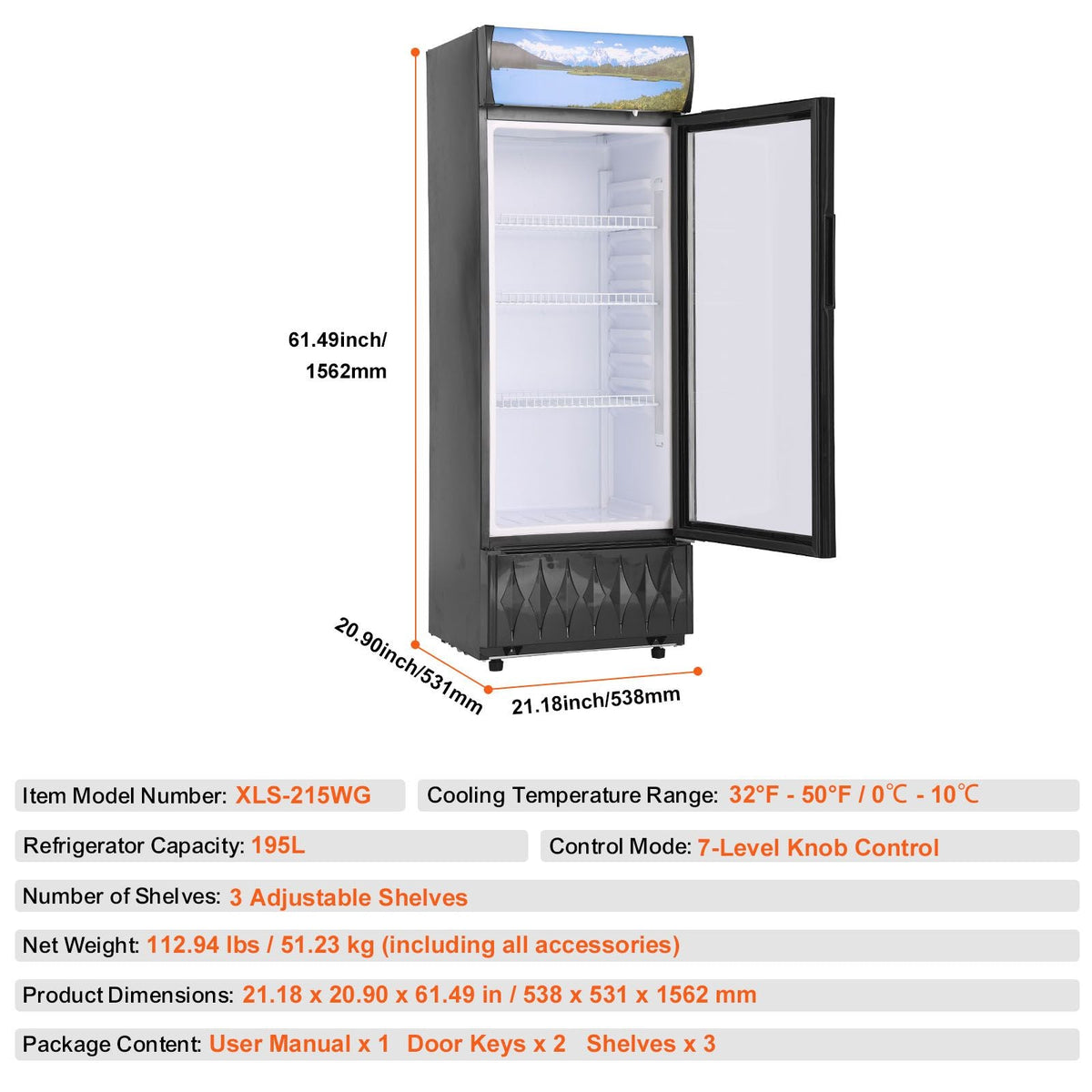 Commercial Merchandiser Refrigerator, 6.8 Cu.Ft / 195L Beverage Refrigerator Cooler Merchandiser, Glass Door Display Refrigerator Upright Fridge with 3 Adjustable Shelves, Customizable Lightbox