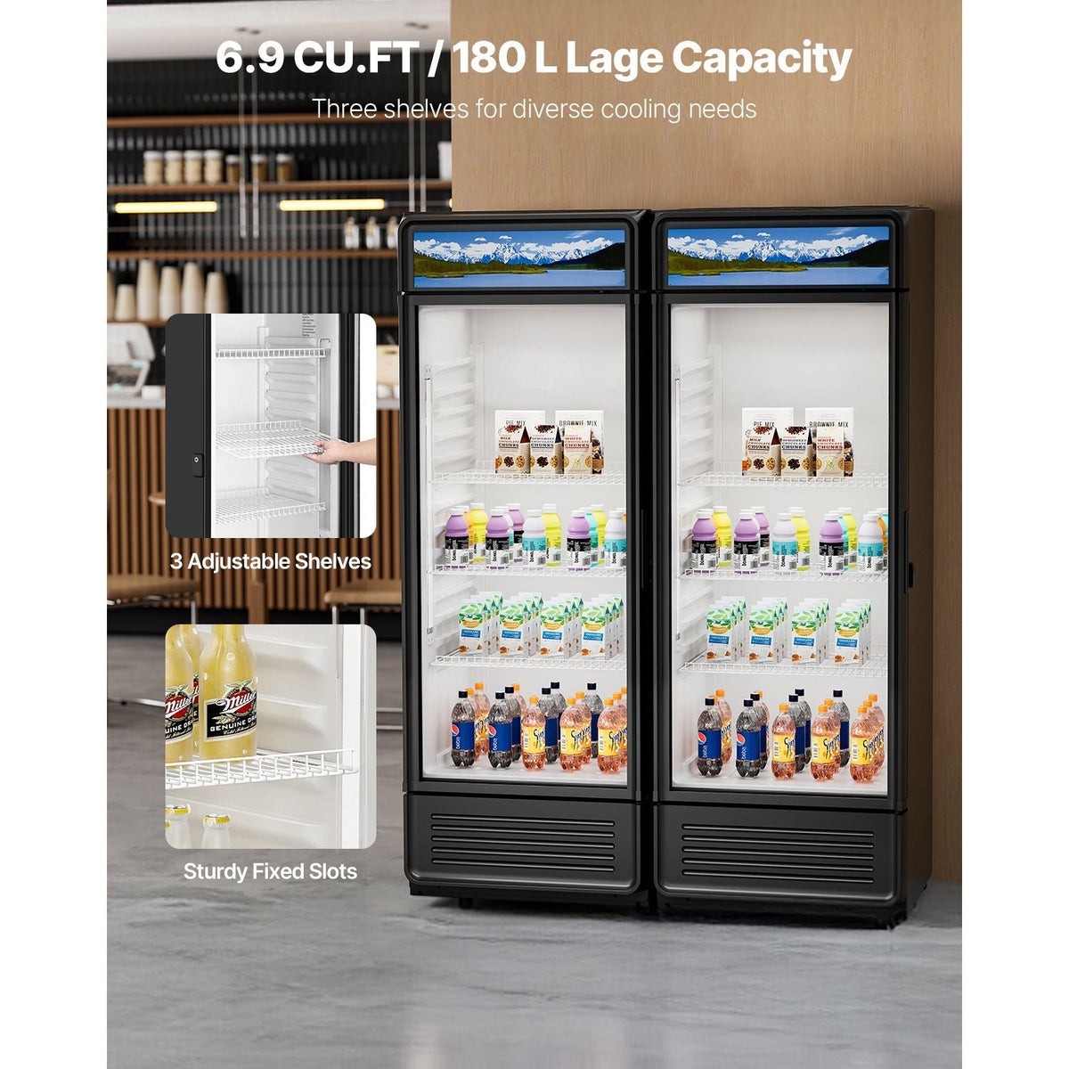 Commercial Merchandiser Refrigerator, 6.9 CU.FT Glass Door Display Refrigerator, Beverage Refrigerator Cooler Merchandiser with Adjustable Shelves, Soft LED Light, Customizable Lightbox, Black