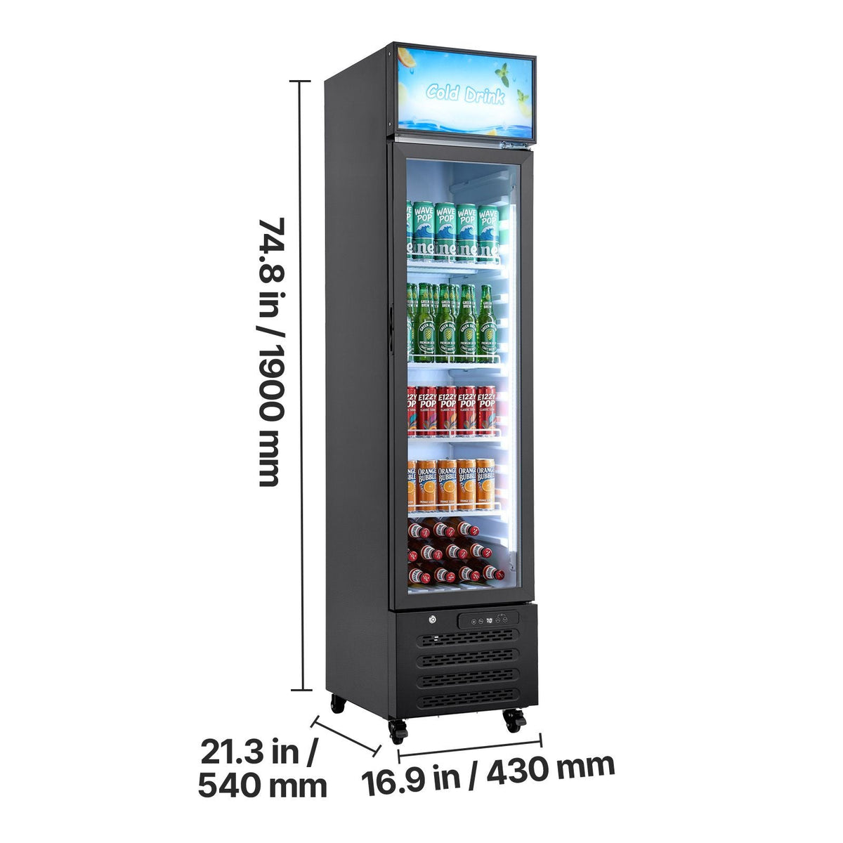 Commercial Merchandiser Refrigerator, 7.5 Cu.Ft / 213 L Glass Door Display Refrigerator, Upright Beverage Cooler with Customizable Lightbox, 4 Adjustable Shelves & Soft LED Light for Homes Shops
