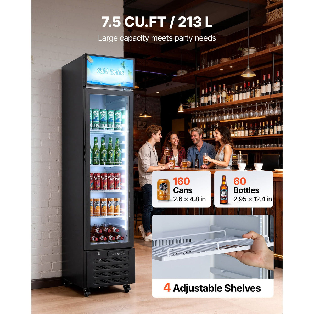 Commercial Merchandiser Refrigerator, 7.5 Cu.Ft / 213 L Glass Door Display Refrigerator, Upright Beverage Cooler with Customizable Lightbox, 4 Adjustable Shelves & Soft LED Light for Homes Shops