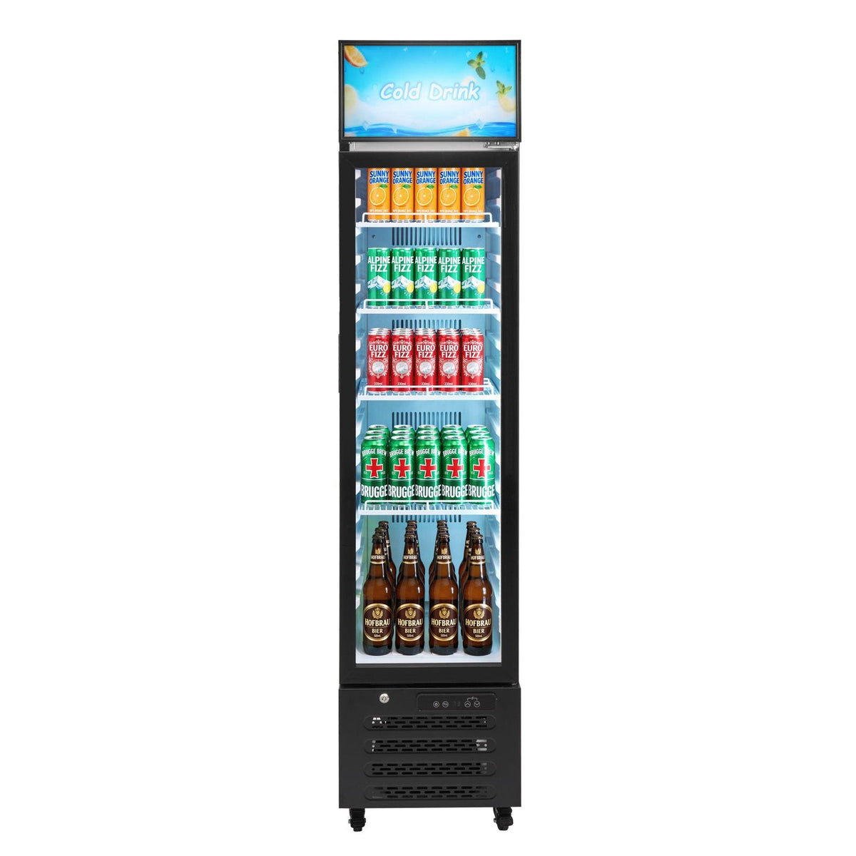 Commercial Merchandiser Refrigerator, 7.5 Cu.Ft / 213 L Glass Door Display Refrigerator, Upright Beverage Cooler with Customizable Lightbox, 4 Adjustable Shelves & Soft LED Light for Homes Shops