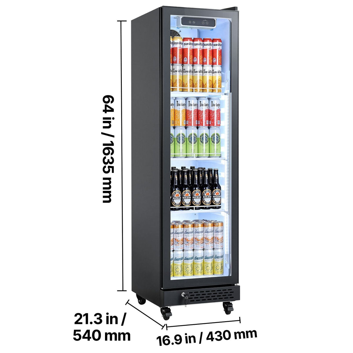 Commercial Merchandiser Refrigerator, 8.3 Cu.Ft / 235 L Glass Door Display Refrigerator, Upright Beverage Cooler Fridge with 5 Adjustable Shelves, Soft LED Light & Casters for Homes Shops Bars