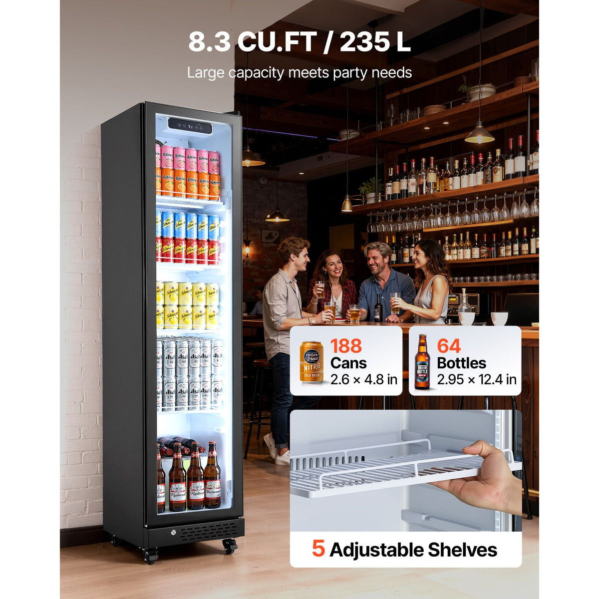 Commercial Merchandiser Refrigerator, 8.3 Cu.Ft / 235 L Glass Door Display Refrigerator, Upright Beverage Cooler Fridge with 5 Adjustable Shelves, Soft LED Light & Casters for Homes Shops Bars