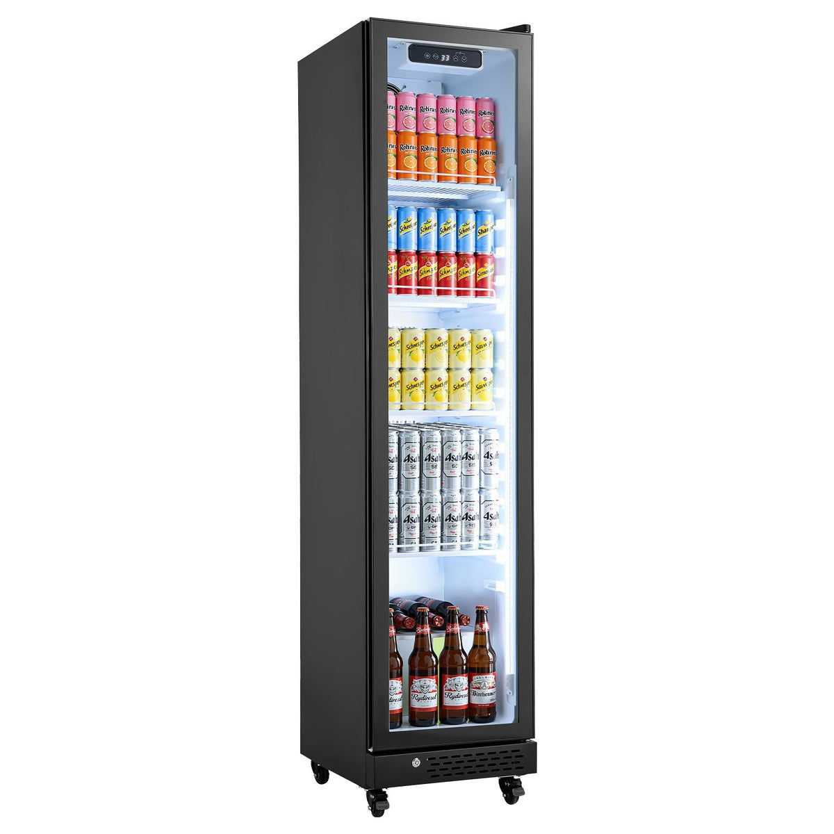 Commercial Merchandiser Refrigerator, 8.3 Cu.Ft / 235 L Glass Door Display Refrigerator, Upright Beverage Cooler Fridge with 5 Adjustable Shelves, Soft LED Light & Casters for Homes Shops Bars