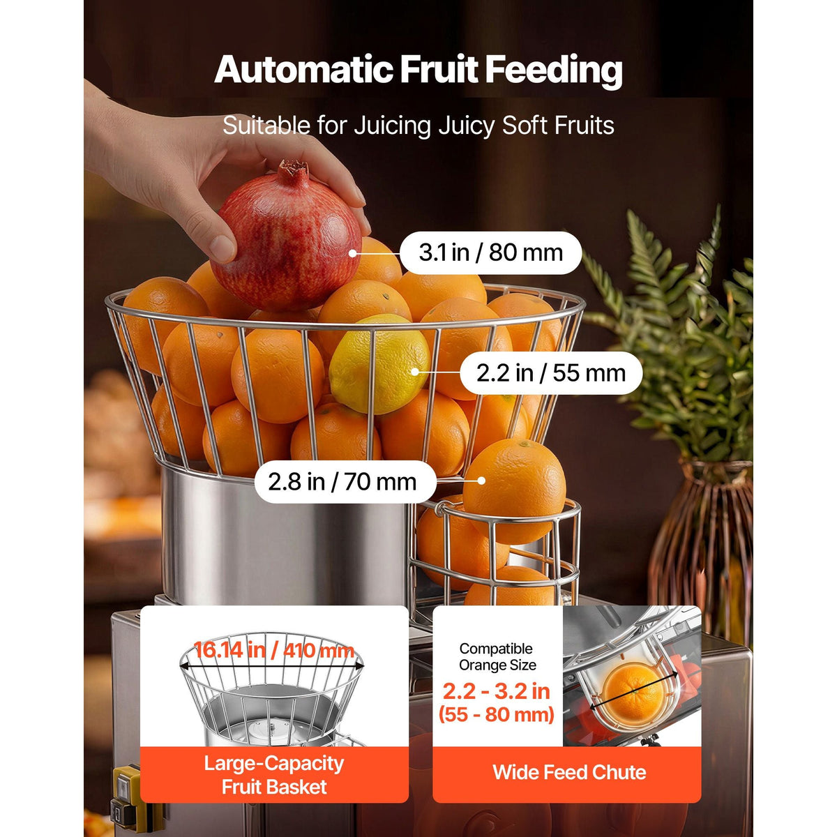 Commercial Orange Juicer Machine, 120W Electric Automatic Orange Squeezer, Lemon Citrus Pomegranates Extractor for 20 per Minute, Stainless Steel, with Peel Collecting Bucket, PC Cover