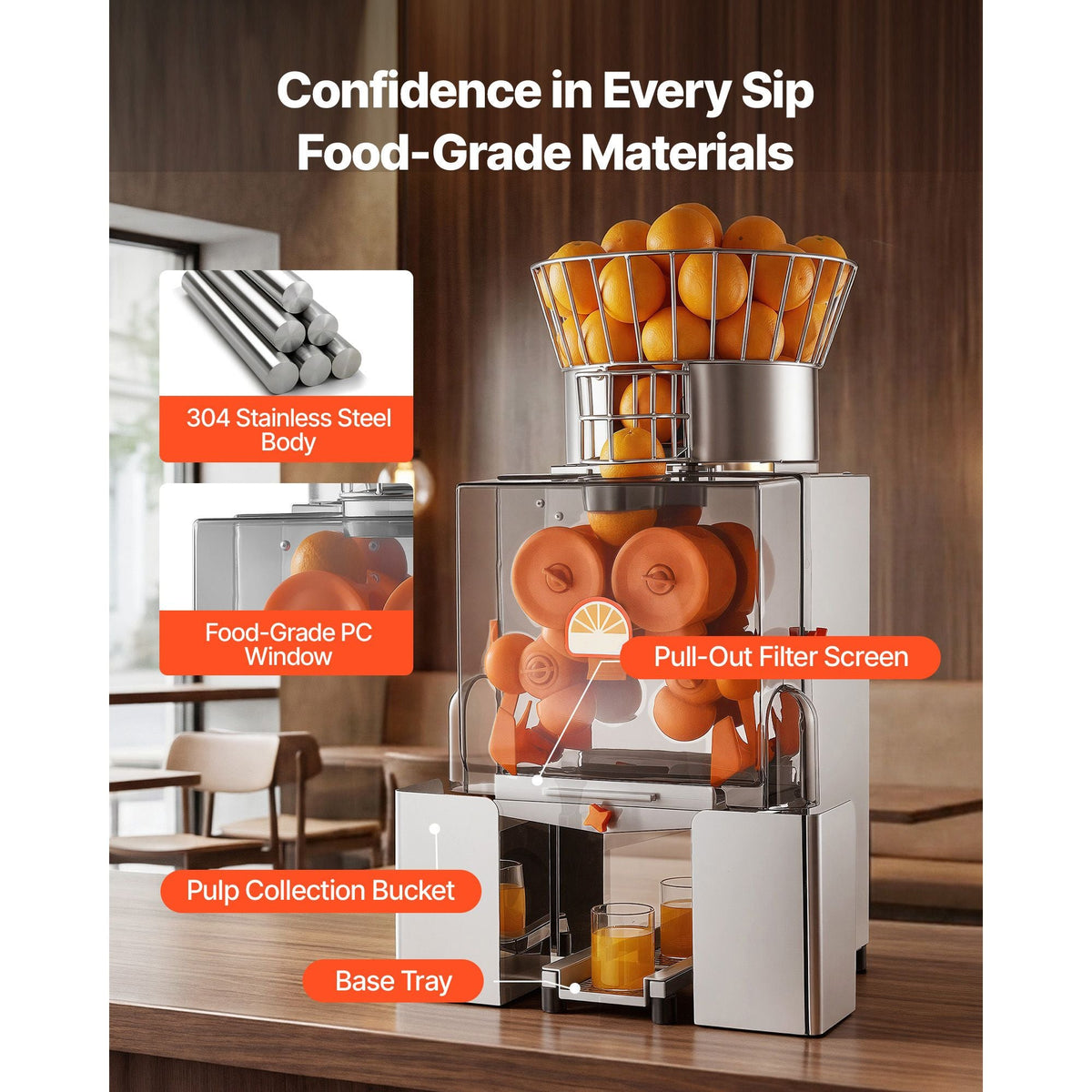 Commercial Orange Juicer Machine, 120W Electric Automatic Orange Squeezer, Lemon Citrus Pomegranates Extractor for 20 per Minute, Stainless Steel, with Peel Collecting Bucket, PC Cover