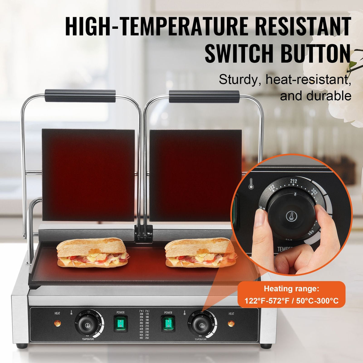 Commercial Panini Grill, 3600W Electric Sandwich Panini Maker, Stainless Steel Double Sandwich Press, Panini Grill with Temp Control & 19"x9" Full Flat Enamel Plate, for Hamburger Steak Bacon