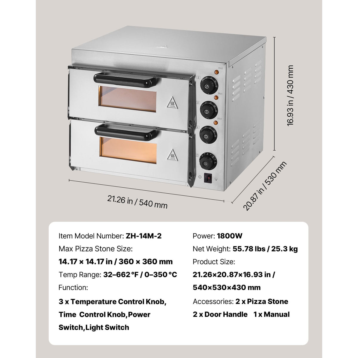 Commercial Pizza Oven Countertop, 14-Inch Double Deck Layer, Stainless Steel Electric Pizza Oven with Stone and Handle, Multipurpose Indoor Pizza Maker for Restaurant Home Pretzels Baked