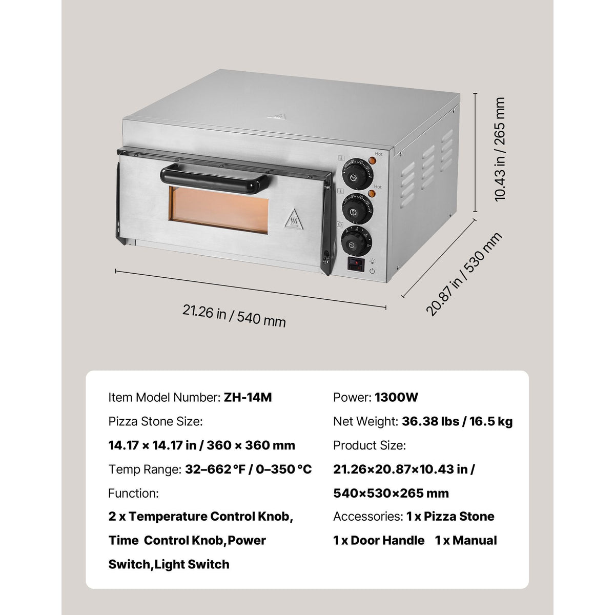 Commercial Pizza Oven Countertop, 14-Inch Single Deck Layer, Stainless Steel Electric Pizza Oven with Stone and Handle, Multipurpose Indoor Pizza Maker for Restaurant Home Pretzels Baked