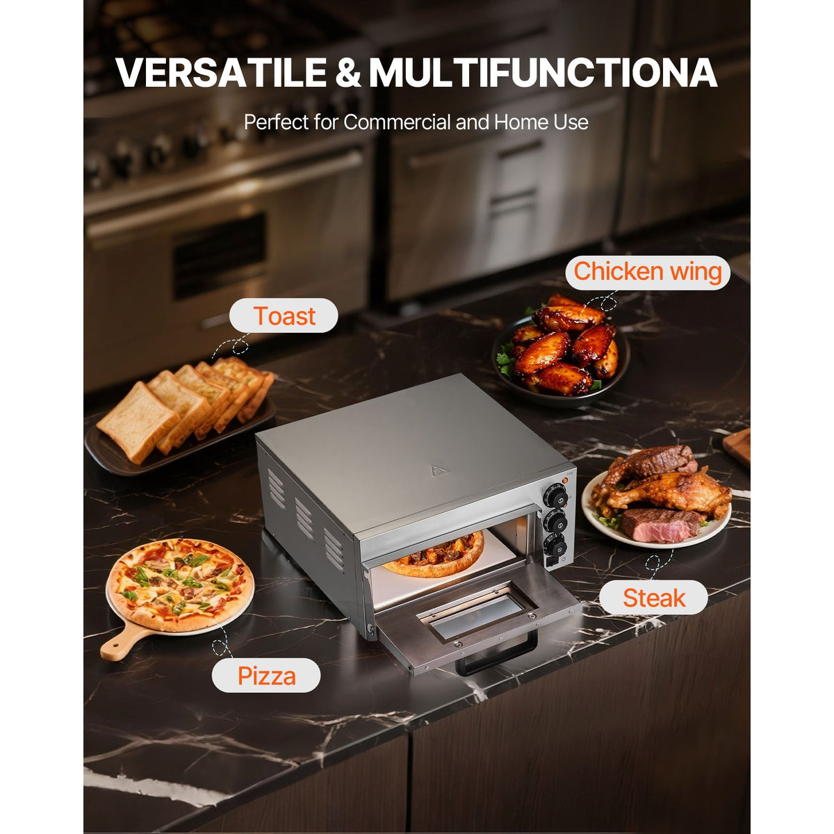Commercial Pizza Oven Countertop, 14-Inch Single Deck Layer, Stainless Steel Electric Pizza Oven with Stone and Handle, Multipurpose Indoor Pizza Maker for Restaurant Home Pretzels Baked