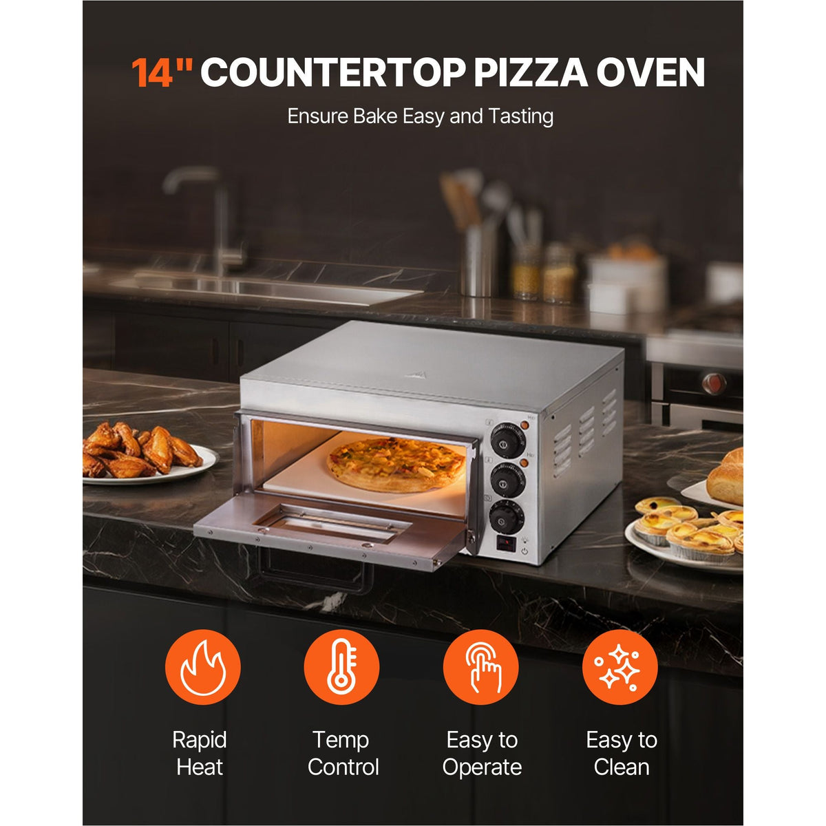 Commercial Pizza Oven Countertop, 14-Inch Single Deck Layer, Stainless Steel Electric Pizza Oven with Stone and Handle, Multipurpose Indoor Pizza Maker for Restaurant Home Pretzels Baked