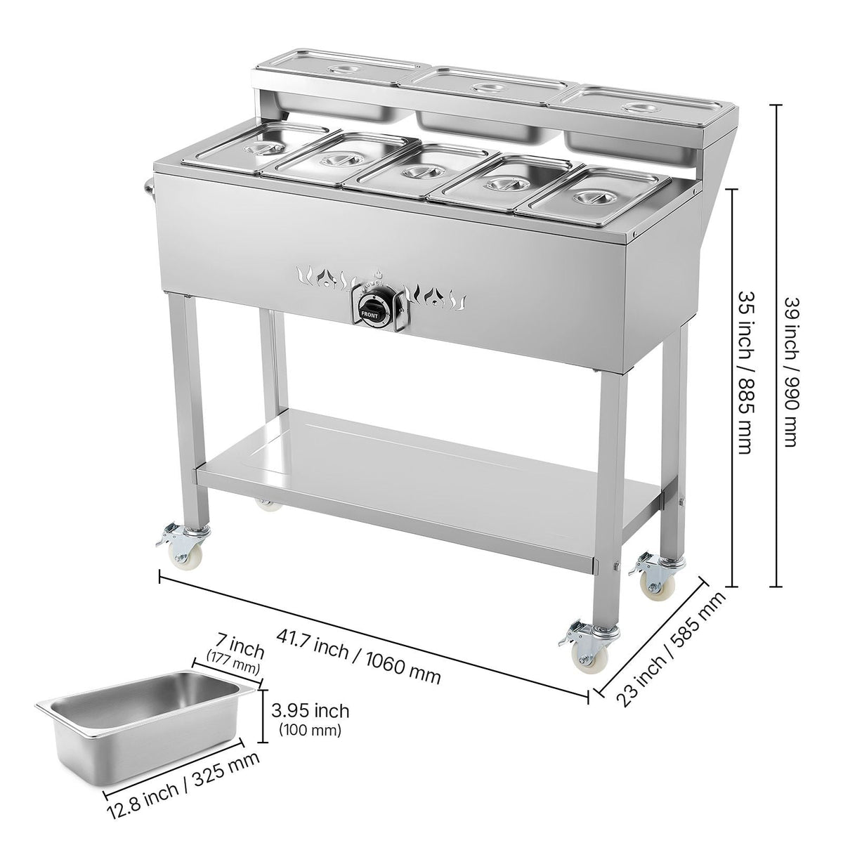Commercial Propane Steam Table, 5 Food Pans & 3 Condiment Pans, LP Gas Outdoor Soup Warmer with Drain Valve and 3" Wheels, Stainless Steel Propane Food Warmer with Adjustable Temp for Outdoor