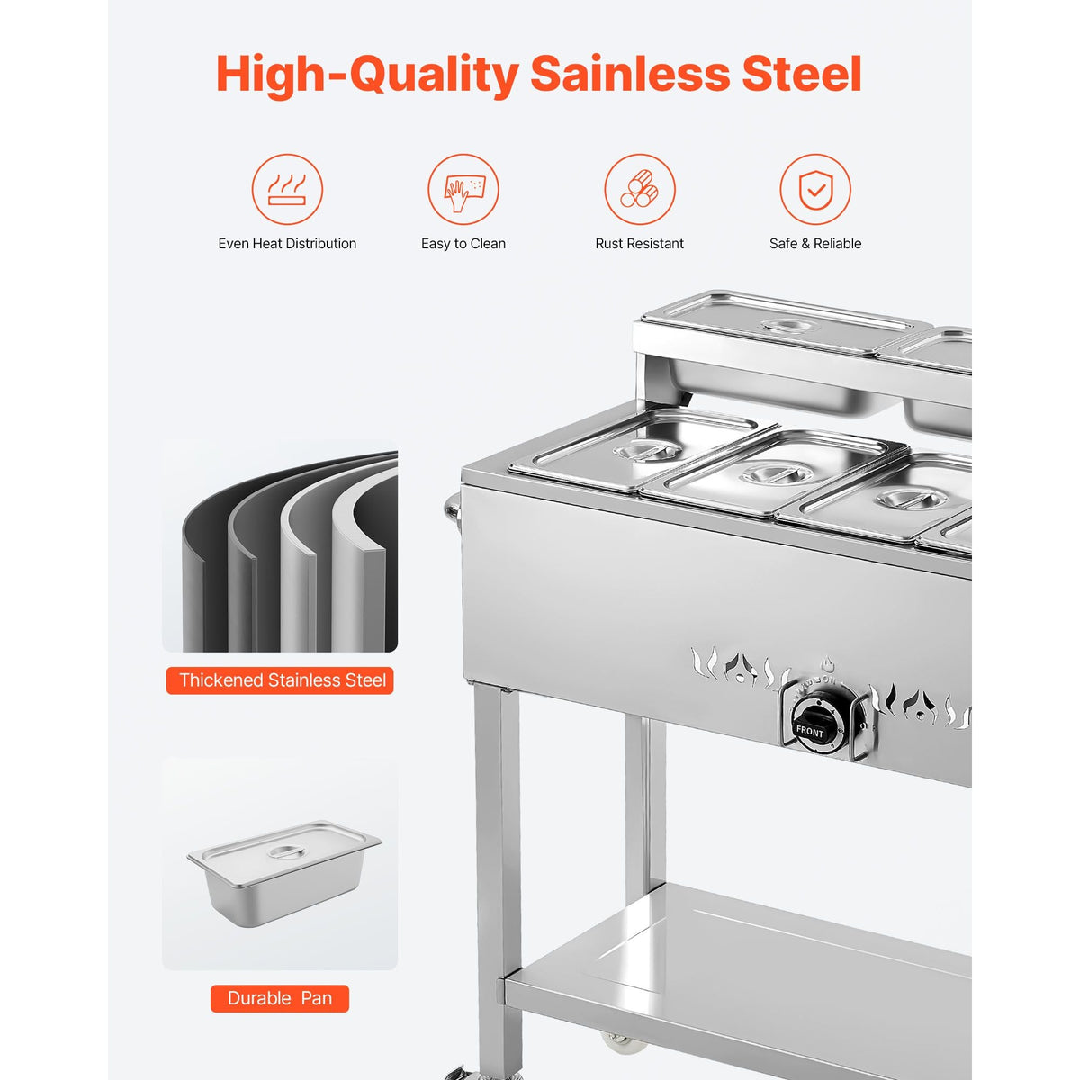 Commercial Propane Steam Table, 5 Food Pans & 3 Condiment Pans, LP Gas Outdoor Soup Warmer with Drain Valve and 3" Wheels, Stainless Steel Propane Food Warmer with Adjustable Temp for Outdoor