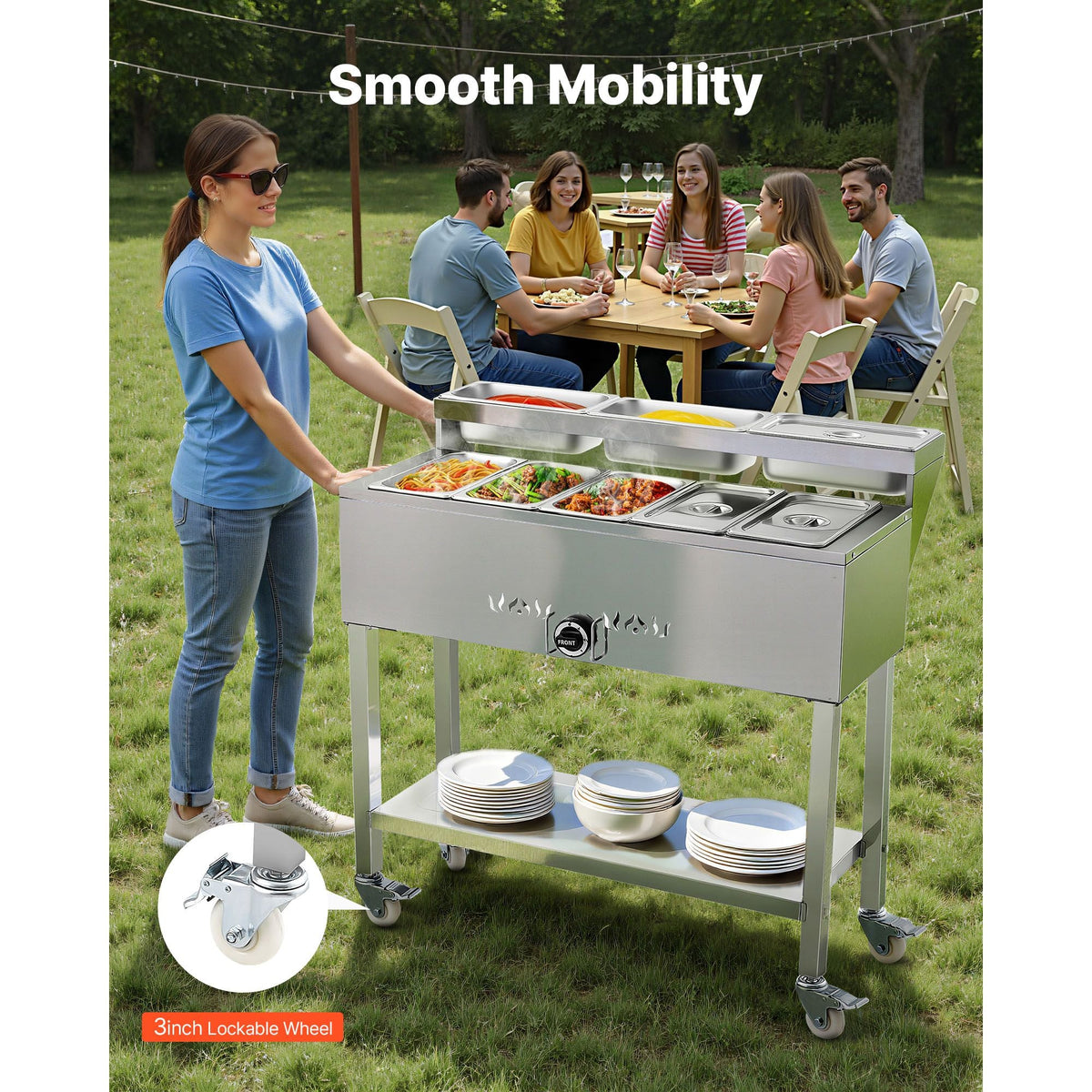 Commercial Propane Steam Table, 5 Food Pans & 3 Condiment Pans, LP Gas Outdoor Soup Warmer with Drain Valve and 3" Wheels, Stainless Steel Propane Food Warmer with Adjustable Temp for Outdoor