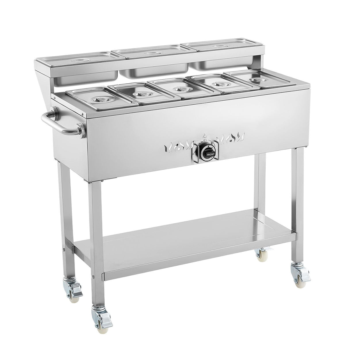 Commercial Propane Steam Table, 5 Food Pans & 3 Condiment Pans, LP Gas Outdoor Soup Warmer with Drain Valve and 3" Wheels, Stainless Steel Propane Food Warmer with Adjustable Temp for Outdoor