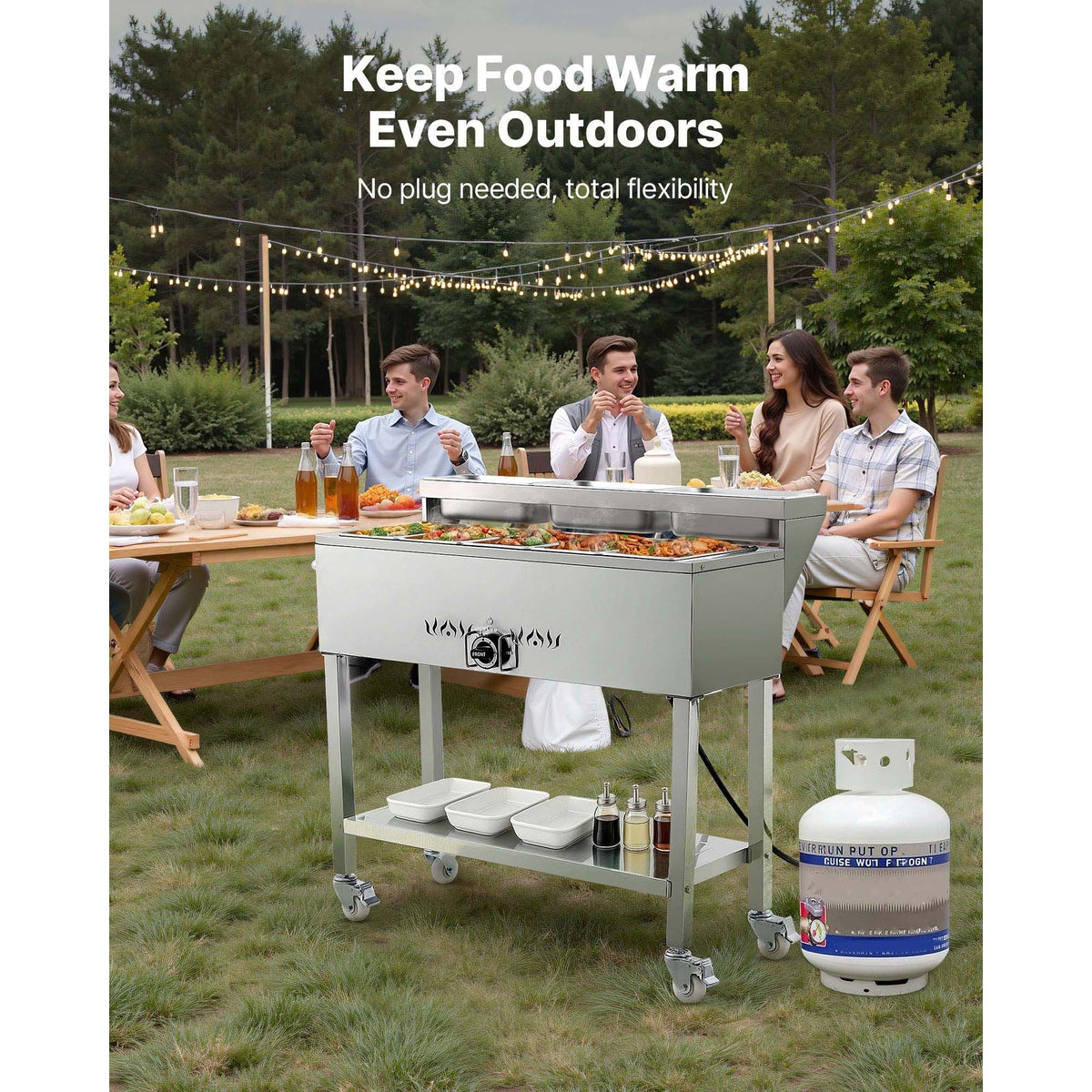 Commercial Propane Steam Table, 5 Food Pans & 3 Condiment Pans, LP Gas Outdoor Soup Warmer with Drain Valve and 3" Wheels, Stainless Steel Propane Food Warmer with Adjustable Temp for Outdoor