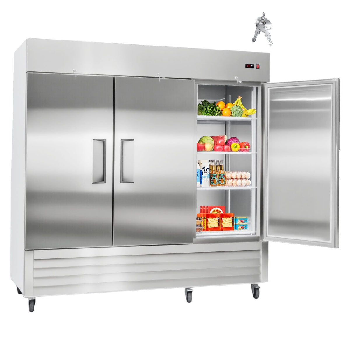 Commercial Reach-In Refrigerator 85" W, 69 Cu.Ft Stainless Steel Upright Refrigerator with Three Doors, Auto-Defrost, 12 Adjustable Shelves, 32 to 50 Fahrenheit Temp Control, ETL Certified