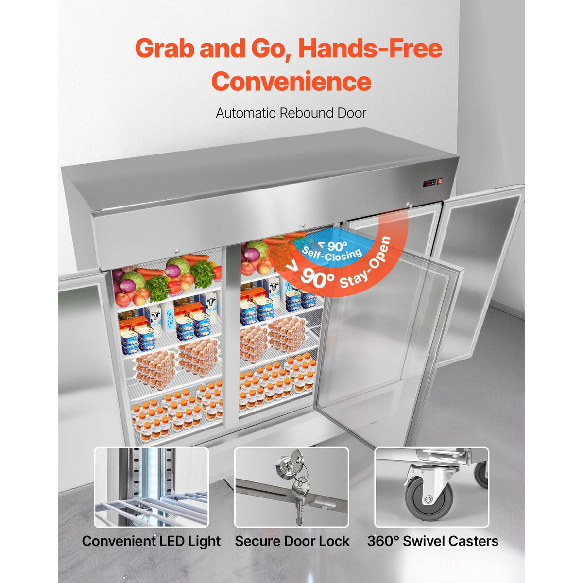 Commercial Reach-In Refrigerator 85" W, 69 Cu.Ft Stainless Steel Upright Refrigerator with Three Doors, Auto-Defrost, 12 Adjustable Shelves, 32 to 50 Fahrenheit Temp Control, ETL Certified
