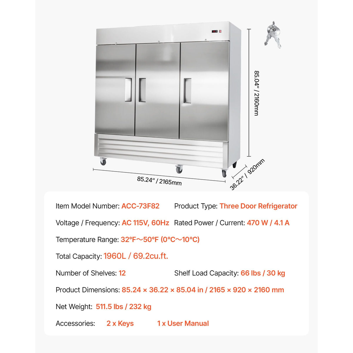 Commercial Reach-In Refrigerator 85" W, 69 Cu.Ft Stainless Steel Upright Refrigerator with Three Doors, Auto-Defrost, 12 Adjustable Shelves, 32 to 50 Fahrenheit Temp Control, ETL Certified