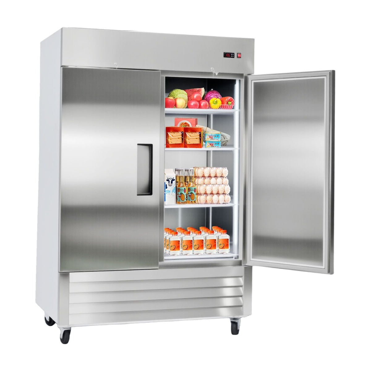 Commercial Refrigerator, 32.2 in Width Reach In Upright Refrigeration Double Door, 43.2 Cu.ft Auto-Defrost Refrigerator with 8 Adjustable Shelves, 32 to 50 Fahrenheit Temp Range, 4 Wheels