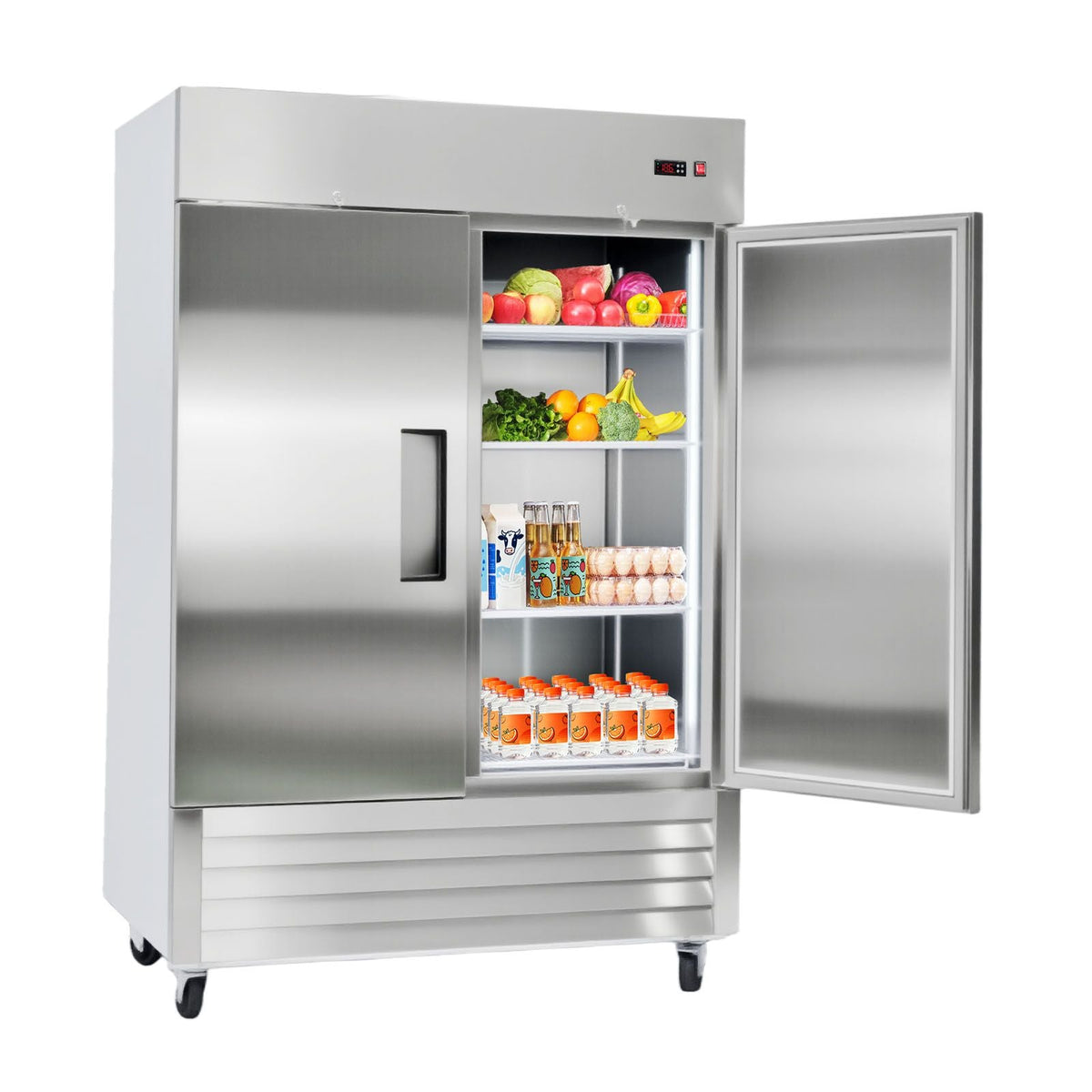 Commercial Refrigerator, 32.2 in Width Reach In Upright Refrigeration Double Door, 43.2 Cu.ft Auto-Defrost Refrigerator with 8 Adjustable Shelves, 32 to 50 Fahrenheit Temp Range, 4 Wheels