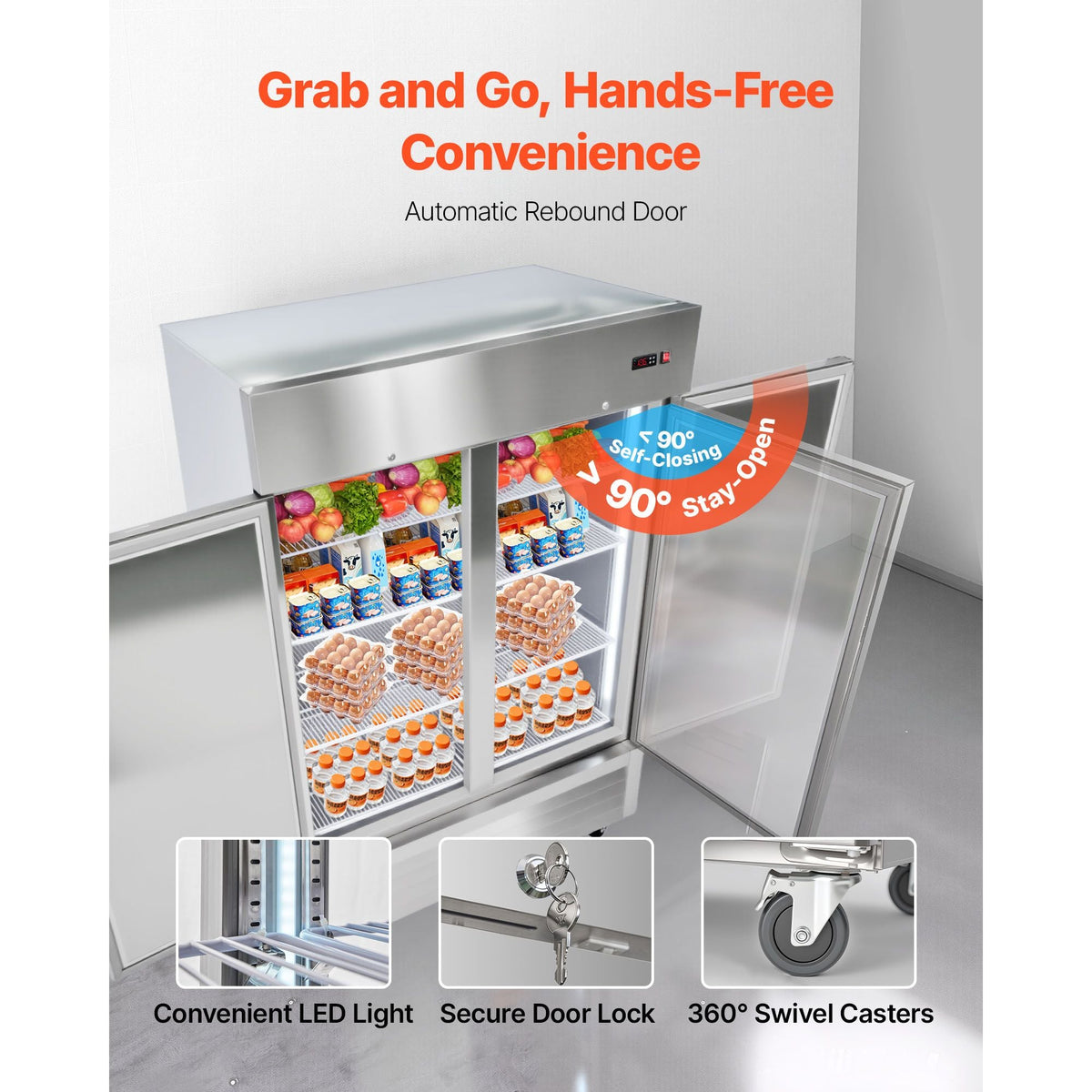 Commercial Refrigerator, 32.2 in Width Reach In Upright Refrigeration Double Door, 43.2 Cu.ft Auto-Defrost Refrigerator with 8 Adjustable Shelves, 32 to 50 Fahrenheit Temp Range, 4 Wheels