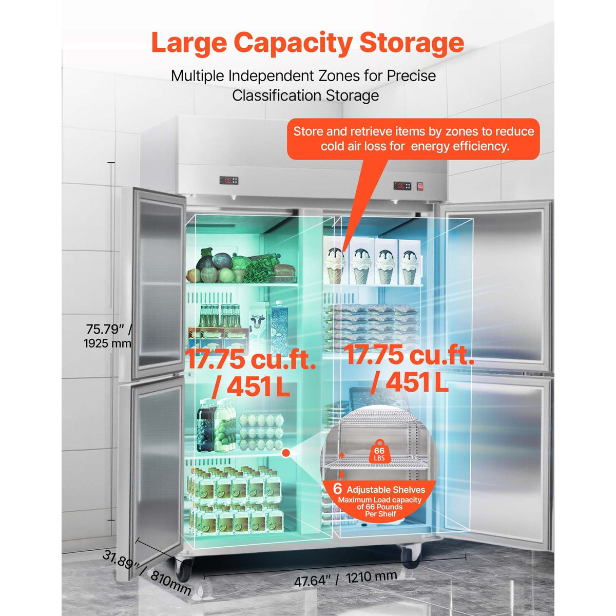 Commercial Refrigerator and Freezer Combo 48"W, 31 Cu.Ft Stainless Steel Upright Freezer/Refrigerator with 4 Doors, Auto-Defrost, 6 Adjustable Shelves, UL Certified