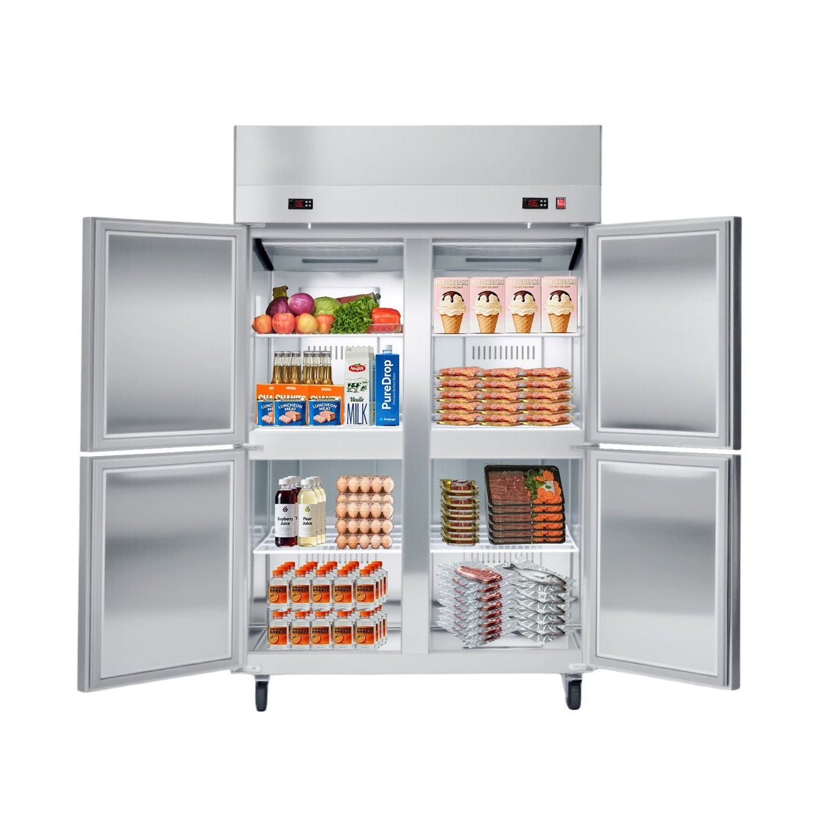 Commercial Refrigerator and Freezer Combo 48"W, 31 Cu.Ft Stainless Steel Upright Freezer/Refrigerator with 4 Doors, Auto-Defrost, 6 Adjustable Shelves, UL Certified