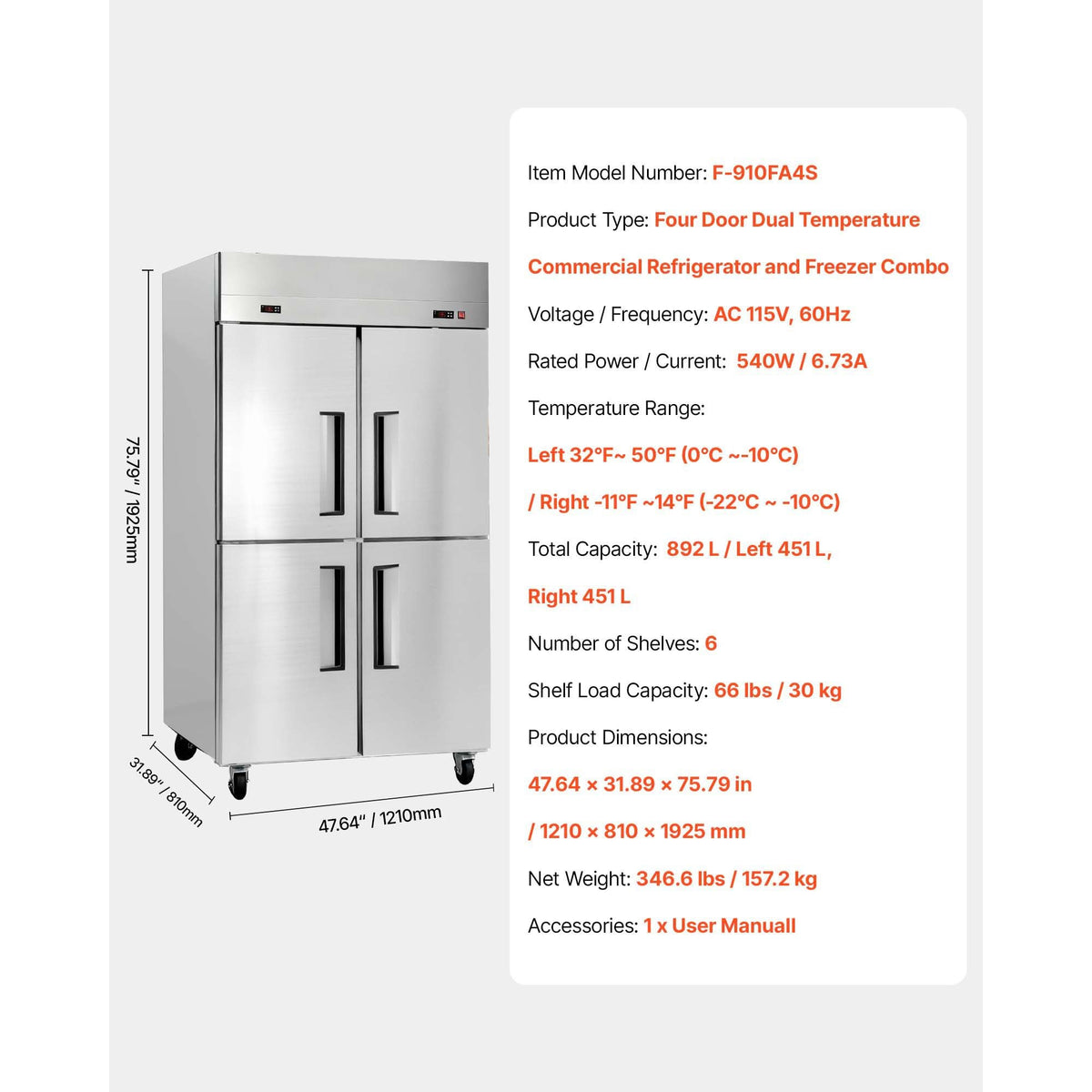 Commercial Refrigerator and Freezer Combo 48"W, 31 Cu.Ft Stainless Steel Upright Freezer/Refrigerator with 4 Doors, Auto-Defrost, 6 Adjustable Shelves, UL Certified