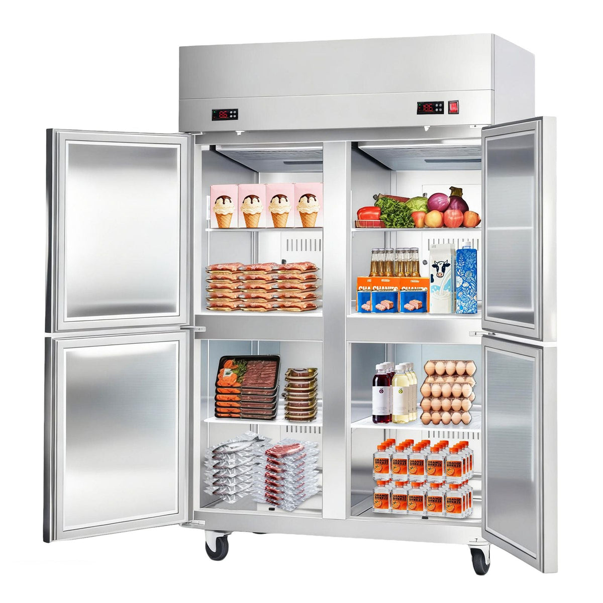 Commercial Refrigerator and Freezer Combo 48"W, 31 Cu.Ft Stainless Steel Upright Freezer/Refrigerator with 4 Doors, Auto-Defrost, 6 Adjustable Shelves, UL Certified