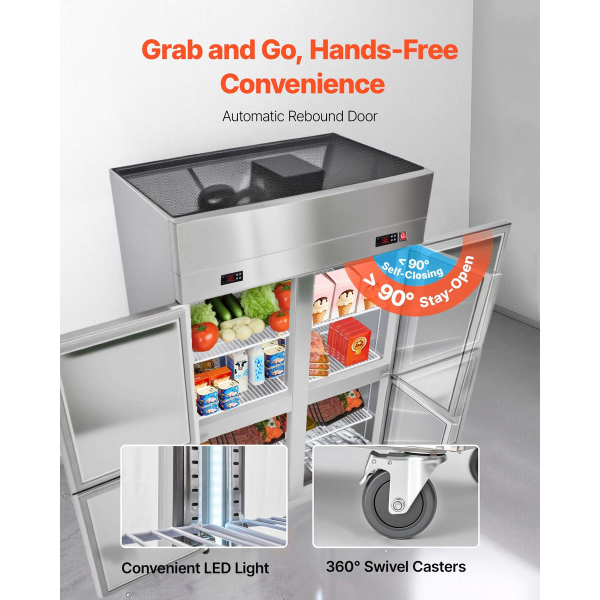 Commercial Refrigerator and Freezer Combo 48"W, 31 Cu.Ft Stainless Steel Upright Freezer/Refrigerator with 4 Doors, Auto-Defrost, 6 Adjustable Shelves, UL Certified