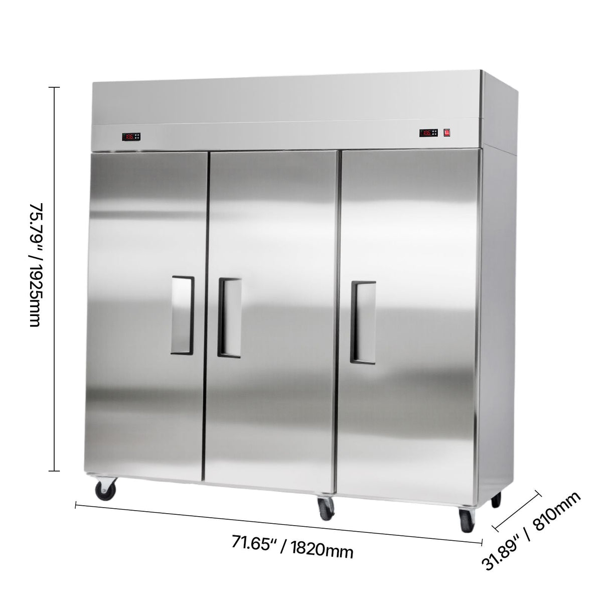 Commercial Refrigerator and Freezer Combo 72"W, 51 Cu.Ft Stainless Steel Upright Freezer/Refrigerator with Three Doors, Auto-Defrost, 9 Adjustable Shelves, UL Certified