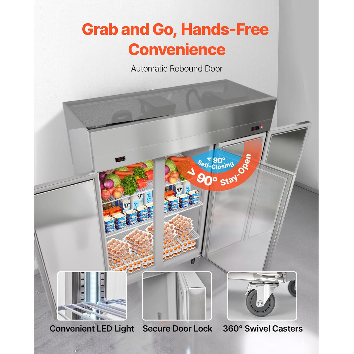 Commercial Refrigerator and Freezer Combo 72"W, 51 Cu.Ft Stainless Steel Upright Freezer/Refrigerator with Three Doors, Auto-Defrost, 9 Adjustable Shelves, UL Certified
