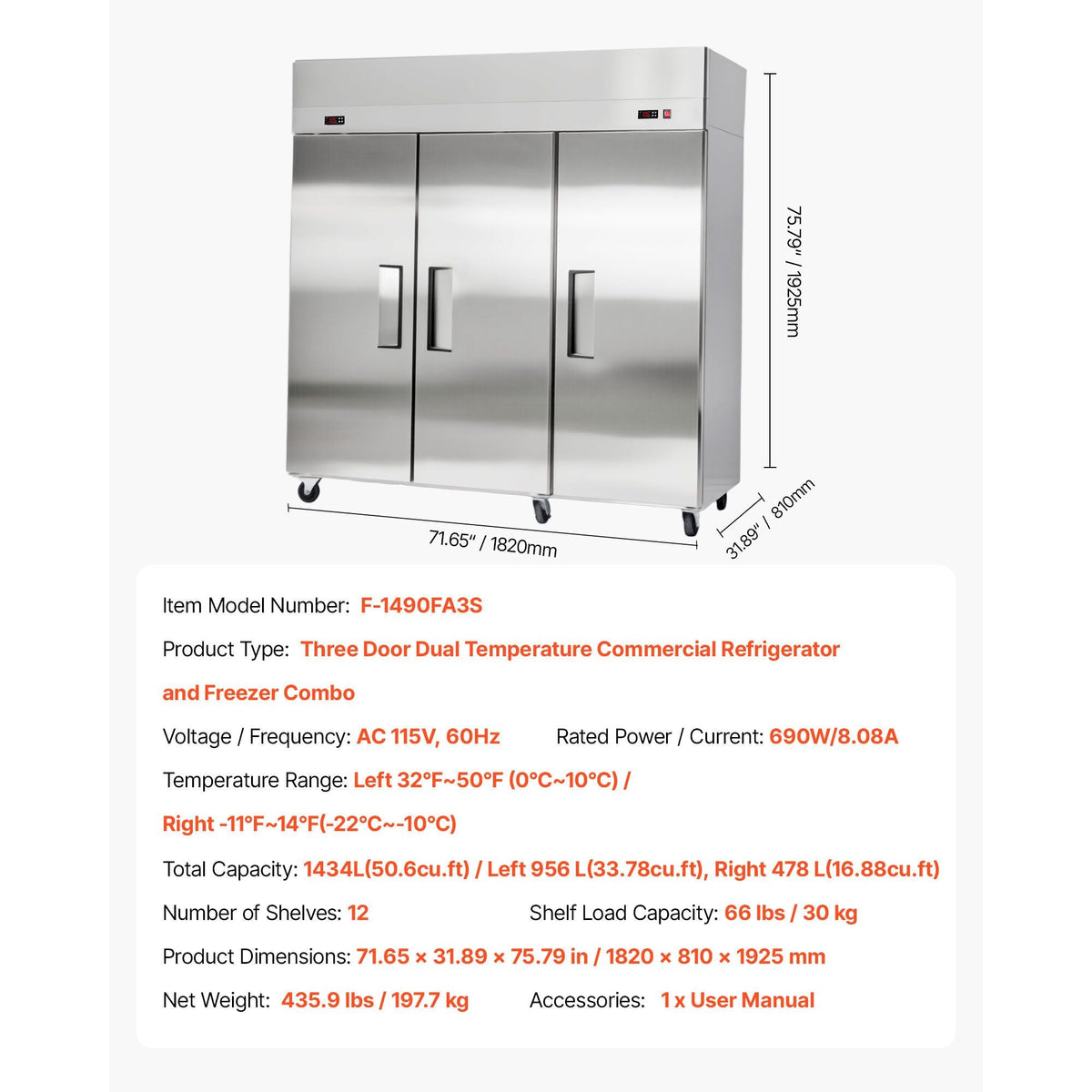 Commercial Refrigerator and Freezer Combo 72"W, 51 Cu.Ft Stainless Steel Upright Freezer/Refrigerator with Three Doors, Auto-Defrost, 9 Adjustable Shelves, UL Certified