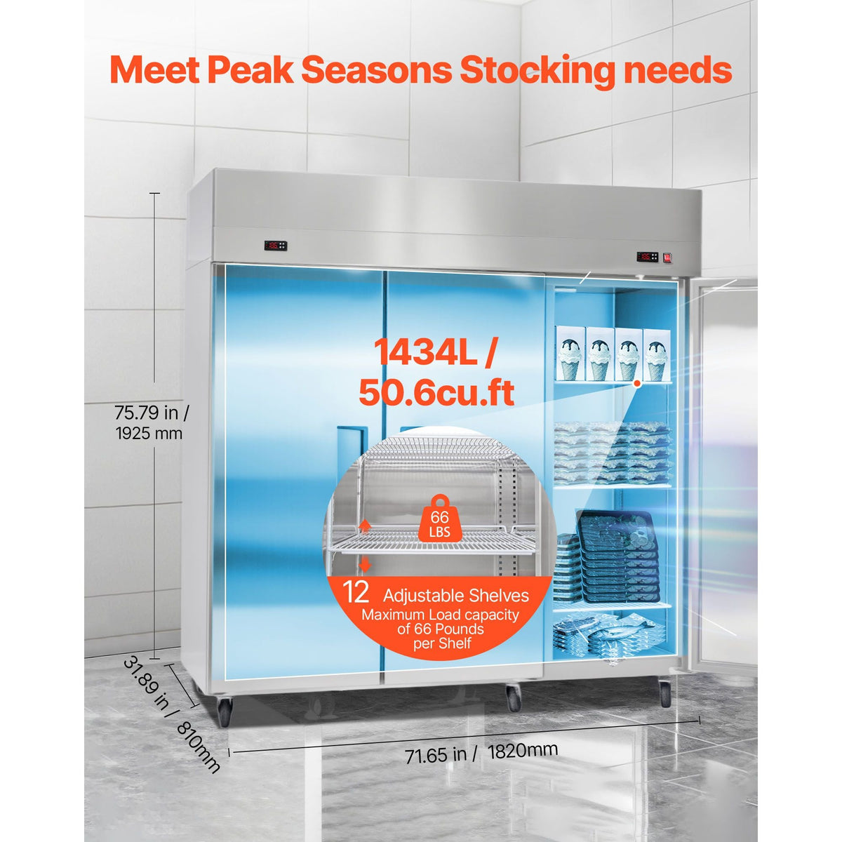 Commercial Refrigerator and Freezer Combo 72"W, 51 Cu.Ft Stainless Steel Upright Freezer/Refrigerator with Three Doors, Auto-Defrost, 9 Adjustable Shelves, UL Certified