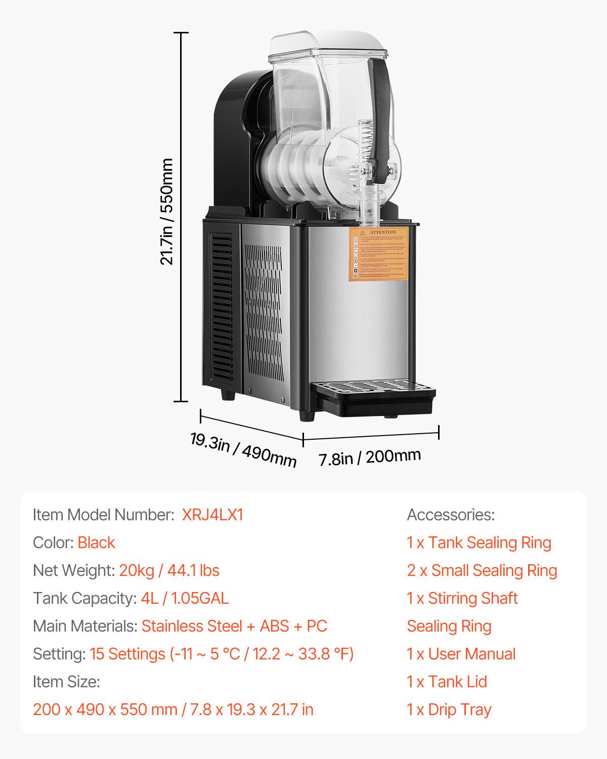 Commercial Slushy Machine, 4L Single Tank Frozen Drink Machine, 16 Cups Stainless Steel Margarita Smoothie Frozen Drink Maker, Slushie Maker for Home Party Restaurants Cafe Bars